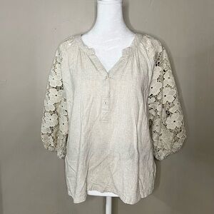 Oatmeal Linen Boxy Cut Split Neck Top with Floral Lace Sleeves by Umgee Medium